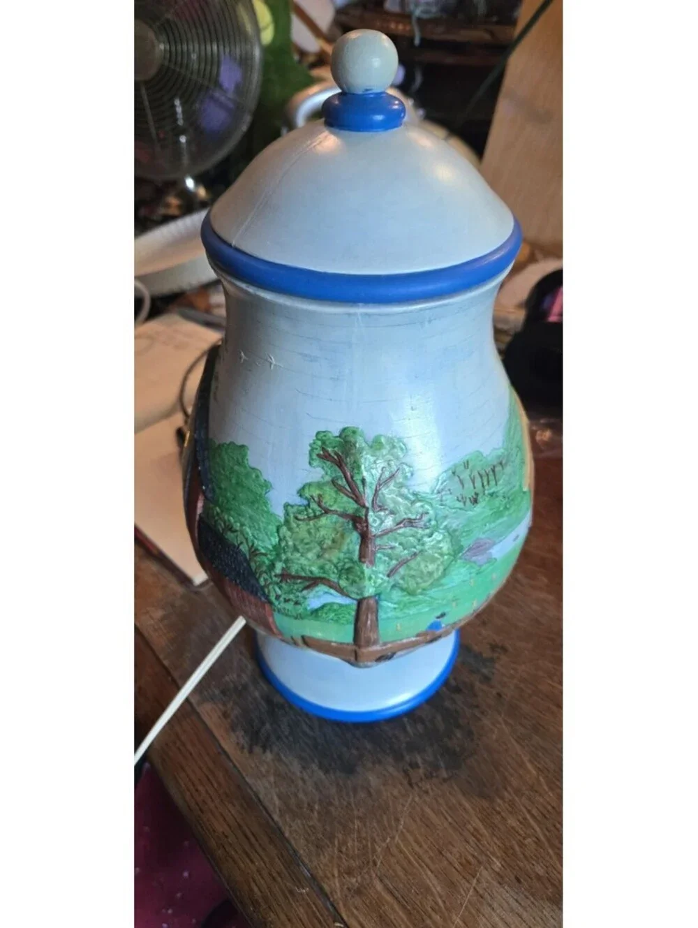Vintage 1982 Table Lamp Ceramic Apothecary Jar Rustic Farm Barn Scene 13”TX8